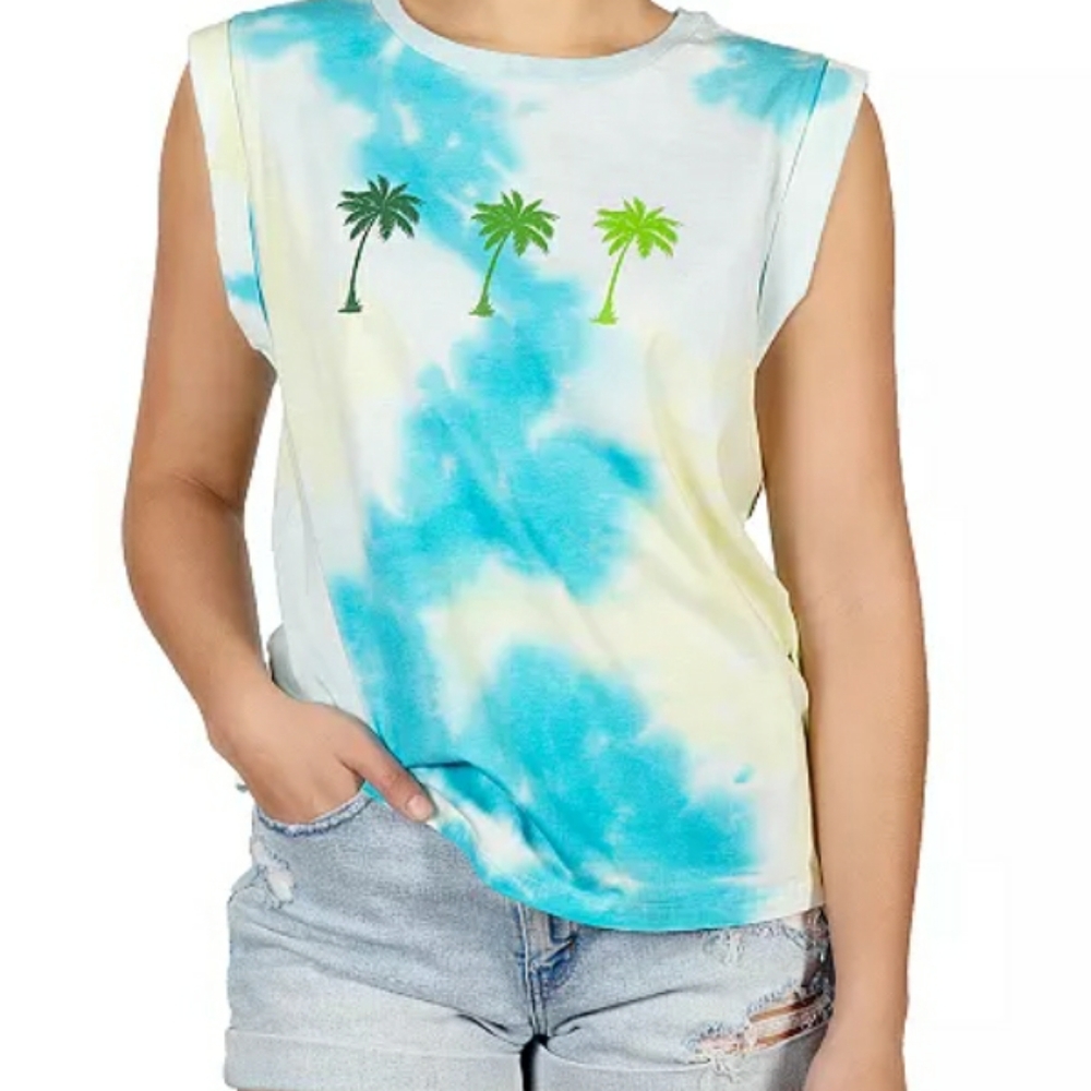 NWT REBELLIOUS ONE Tie-dye Palm Trees Muscle T-Shirt, Beach Wear